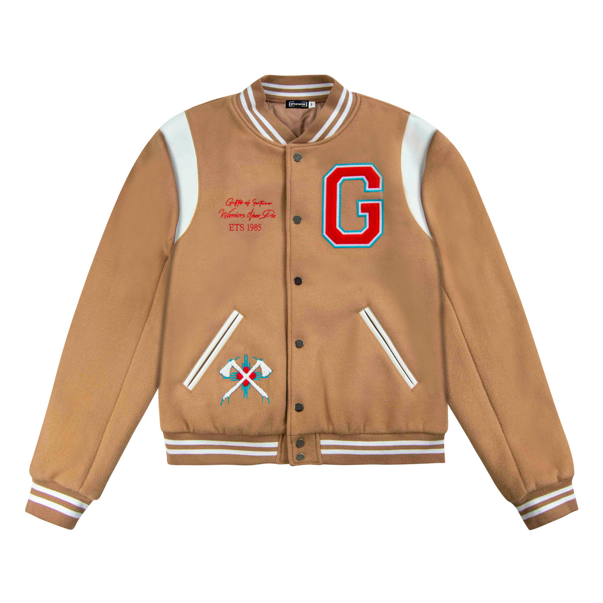 Never Die Varsity Jacket | Tan