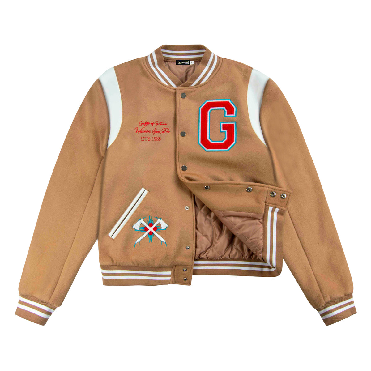 Never Die Varsity Jacket | Tan