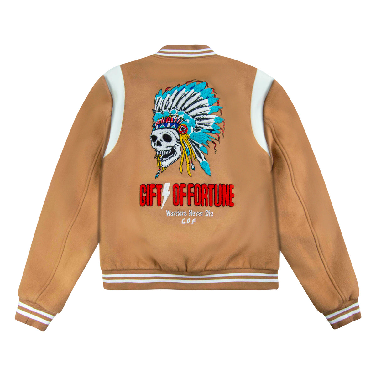 Never Die Varsity Jacket | Tan