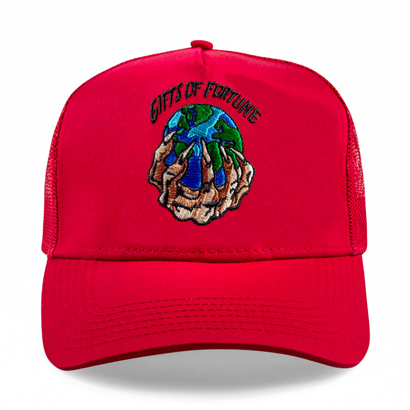 red trucker hat