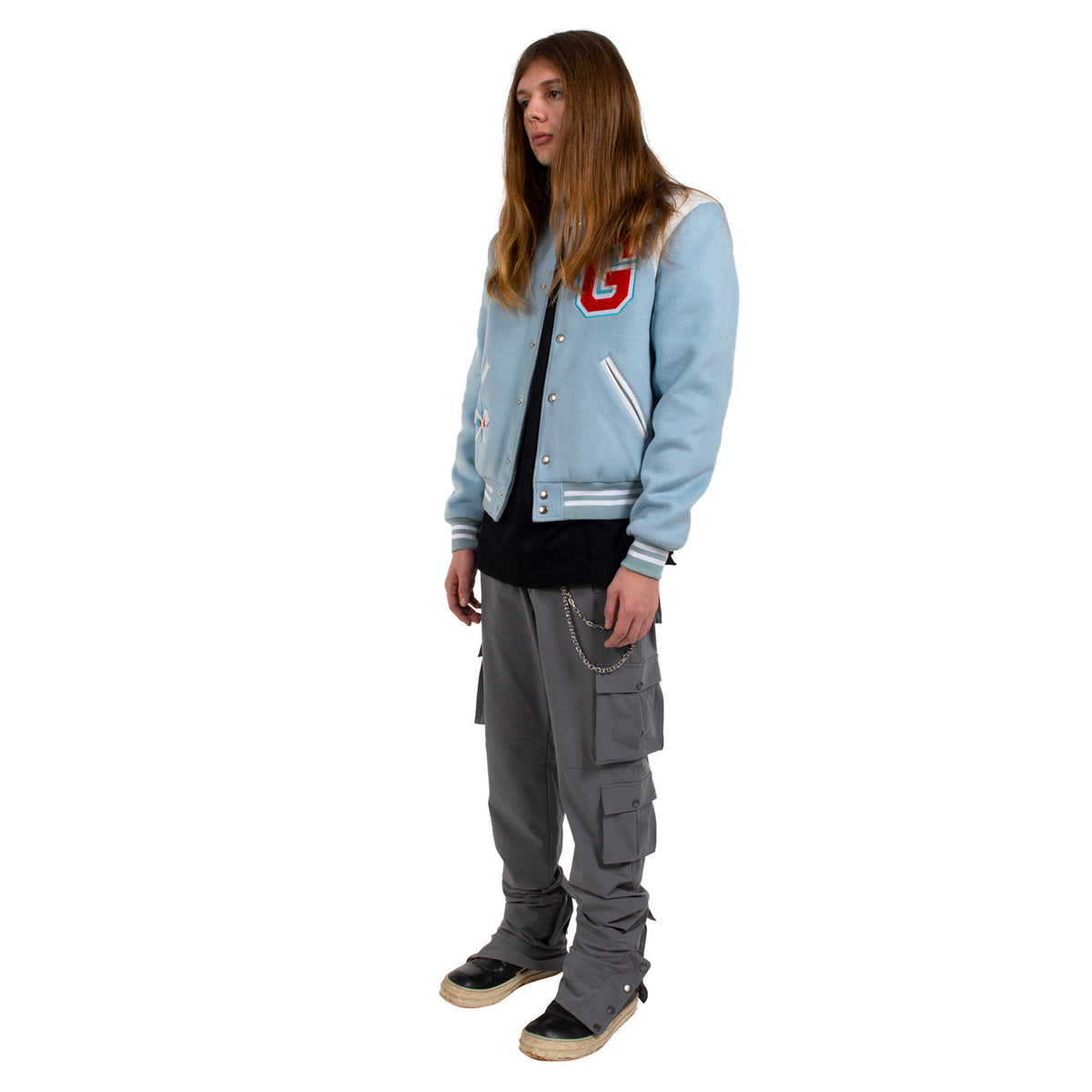 Embroidered Vines Varsity Jacket in Sky Blue XL