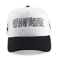 white and black trucker hat