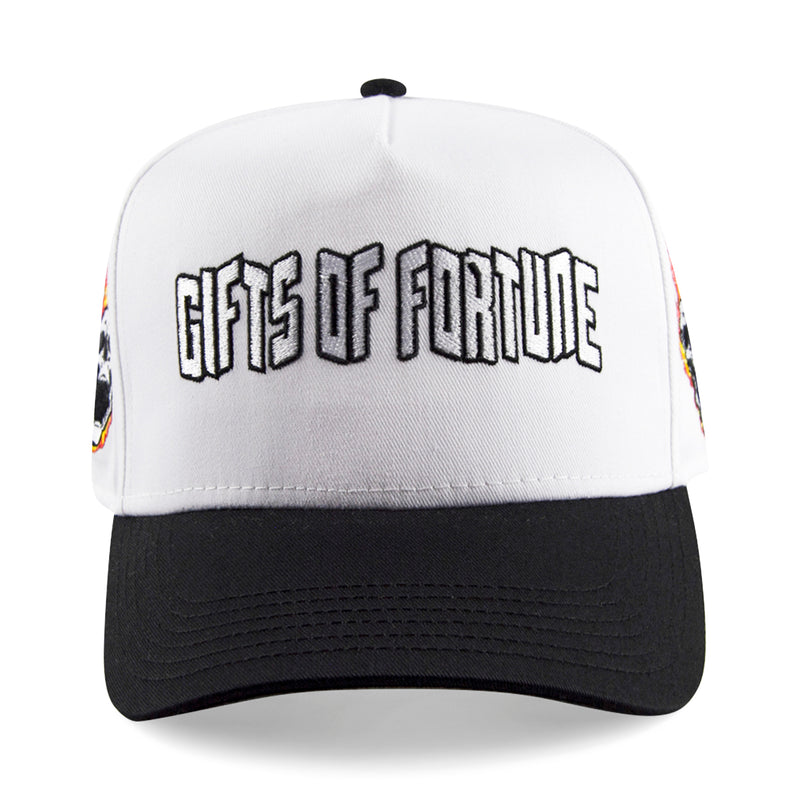 white and black trucker hat